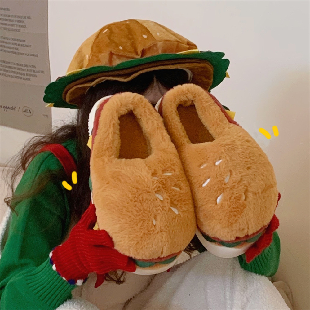 Women winter personality funny hamburger fluffy cotton slippers home bedroom warm and interesting shoes in winter