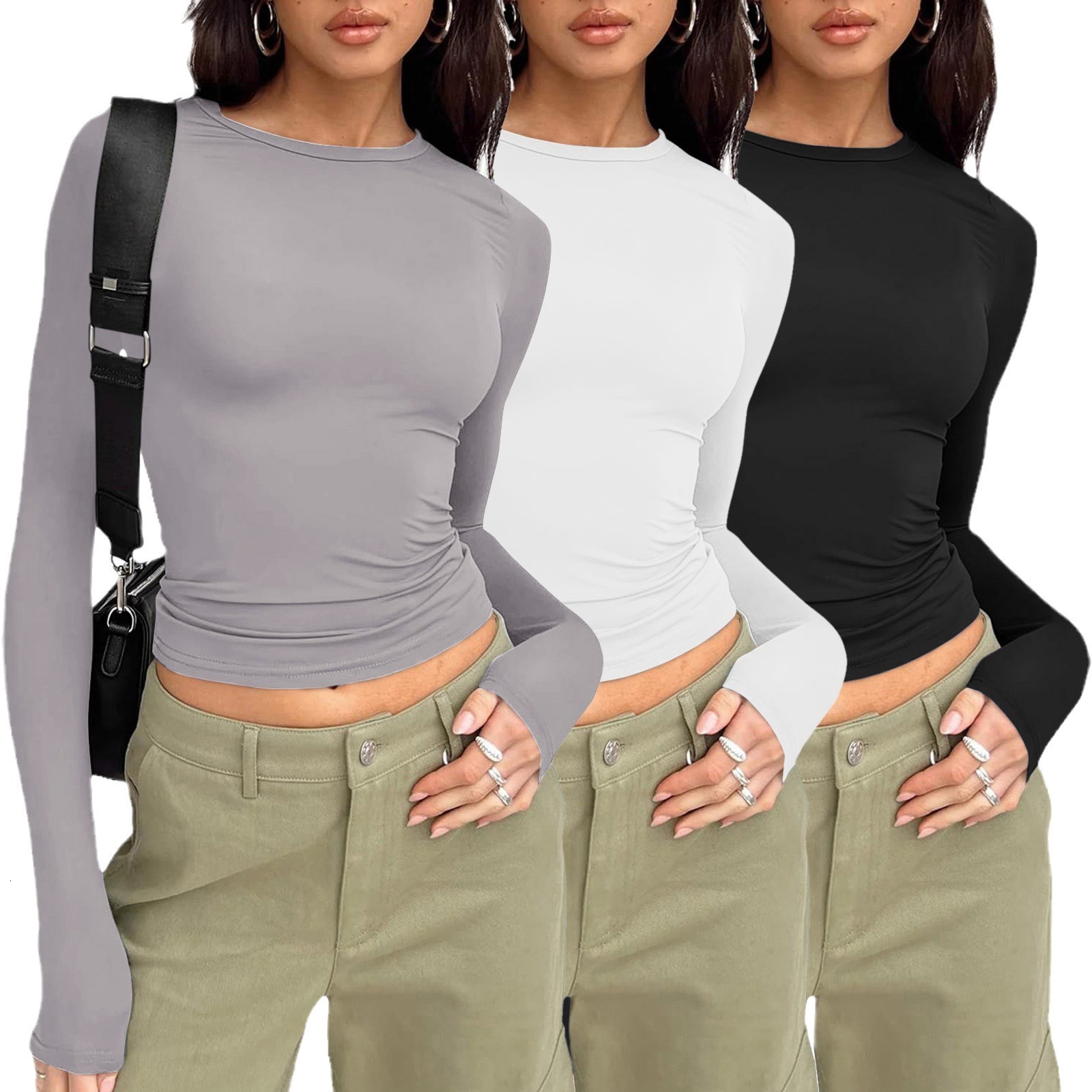 2024Designer casual long sleeved spring and autumn solid color slim fit pullover T-shirt women's street wear base shirt top three piece set