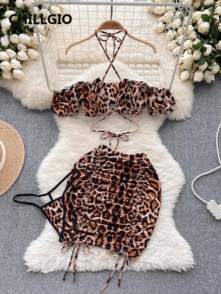 CHILLGIO Women Sexy Leopard Print Skirt Suits Fashion Off Shoulder Halter Camisole Ruched Pencil Skirts Two Pieces Pajamas Sets 241031