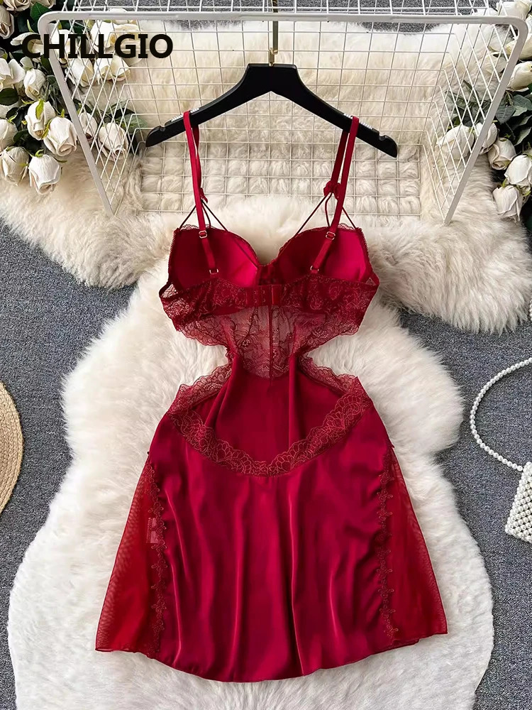 CHILLGIO Women Sexy Lace Floral Spaghetti Strap Sundress Fashion Backless A Line Summer Transparent Hollow Mesh Pajamas Dress 241031