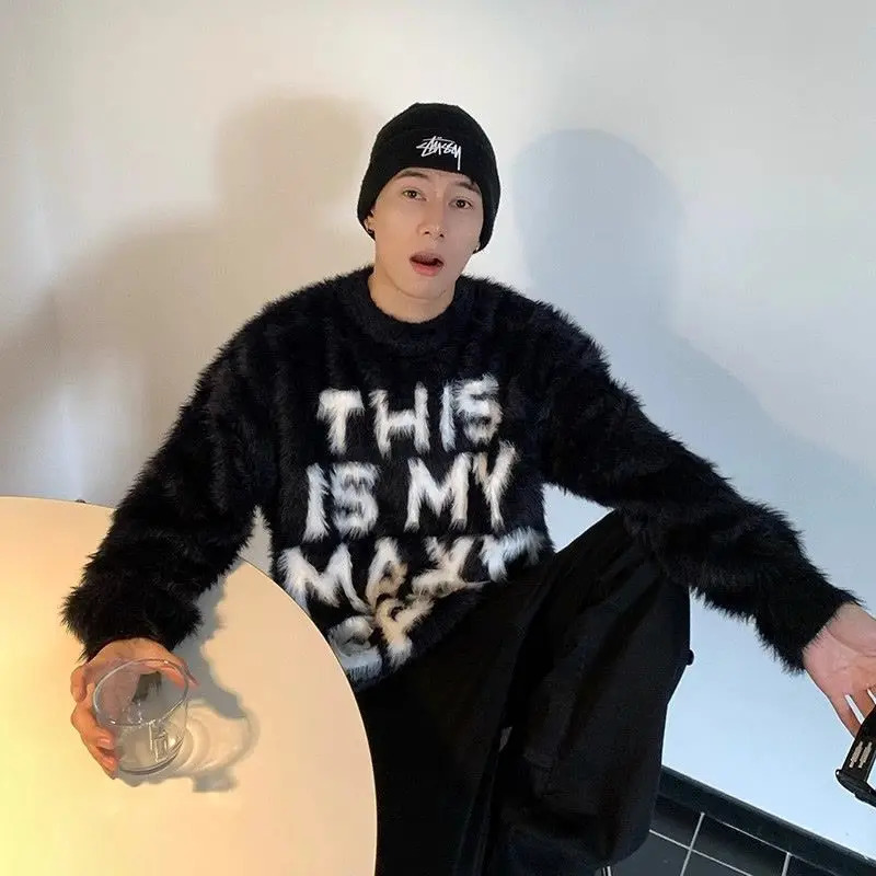 mink fur sweater men thick lazy high end feeling letter printed knitted sweaters jacket pullover clothing 241031