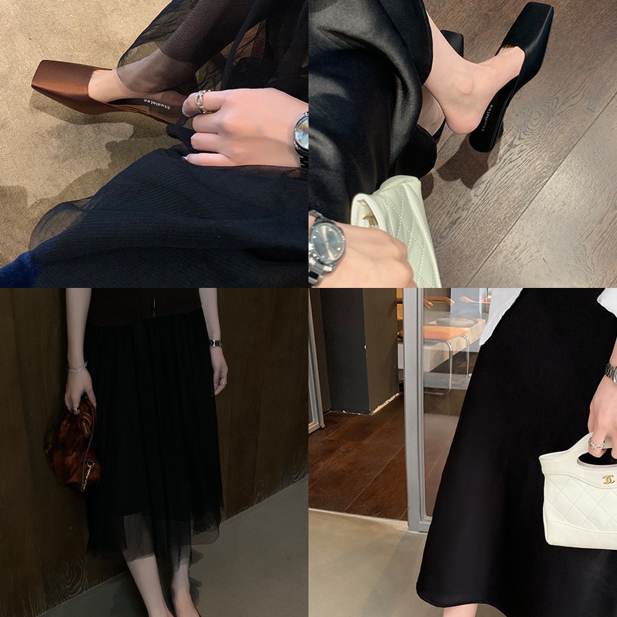 Square Summer Head Shallow Mouth Satins Triangle Slippers Fashion Minimalist Retro Commuting Casual Low Heel Sandals