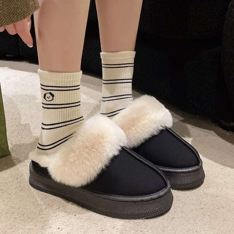 2024 New Leather Women Fashion Winter Indoor Solid Color Suede Fur Slippers Ladies Home Platform Warm s Slip-on Women's Shoes