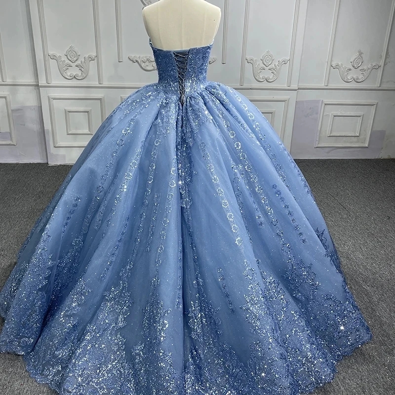 Sky Blue Shiny Off The Shoulder Quinceanera Dresses Ball Gown Sequin Lace Applique Beaded Tull Sweet 16 Vestido 15 De Anos