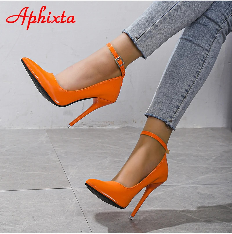 Aphixta Orange Crystals Buckle Pimp Super High 12cm Stiletto heels Pumps Women Shoes Pointed Toe Colorful Party Pumps 241031