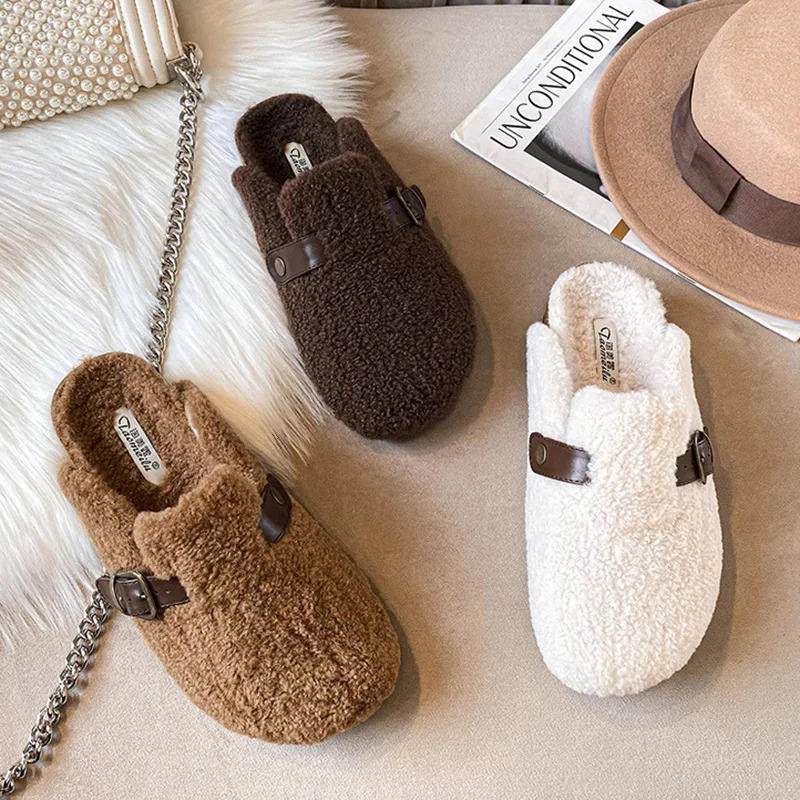High quality sheepskin slider womens round toe buckle belt buckle pantuflas womens cork winter slider womens fur slider 241031