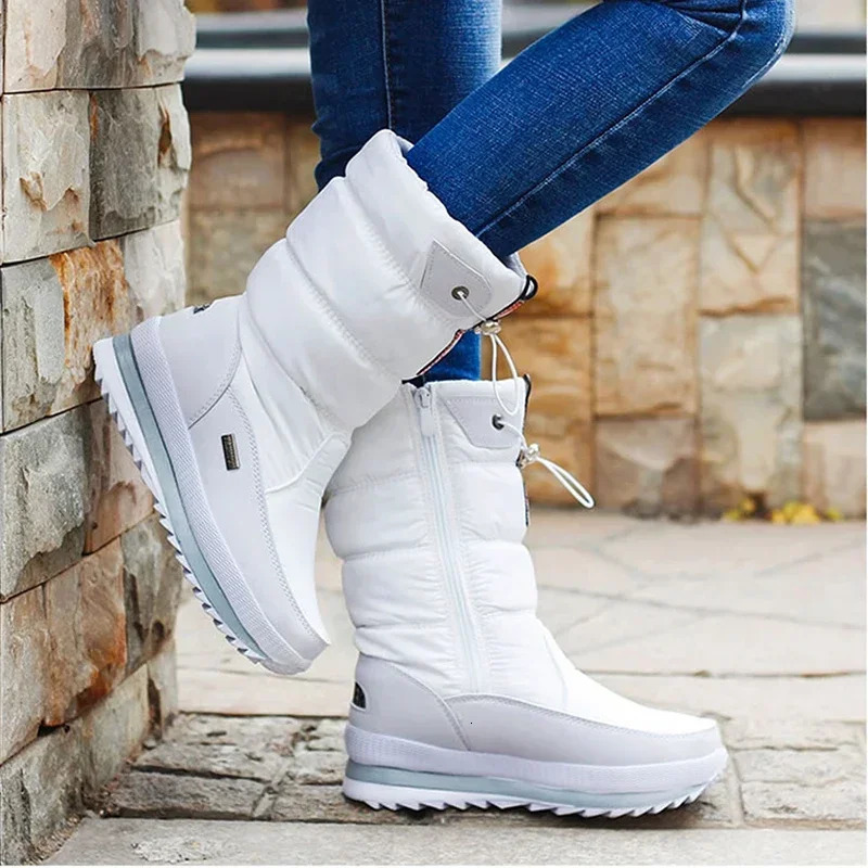White Women Winter Shoes Warm Plush Mid-calf Waterproof Rubber Non-slip Platform Snow Boots Female Plus Size 42