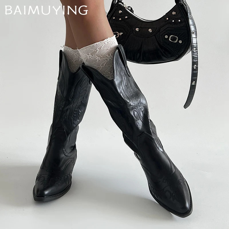 Chunky Pointed Toe Women High Boots Embroidery Mid Heels Winter Shoes 2025 Trend Mid Calf Gladiator Chelsea Botas Mujer 241031