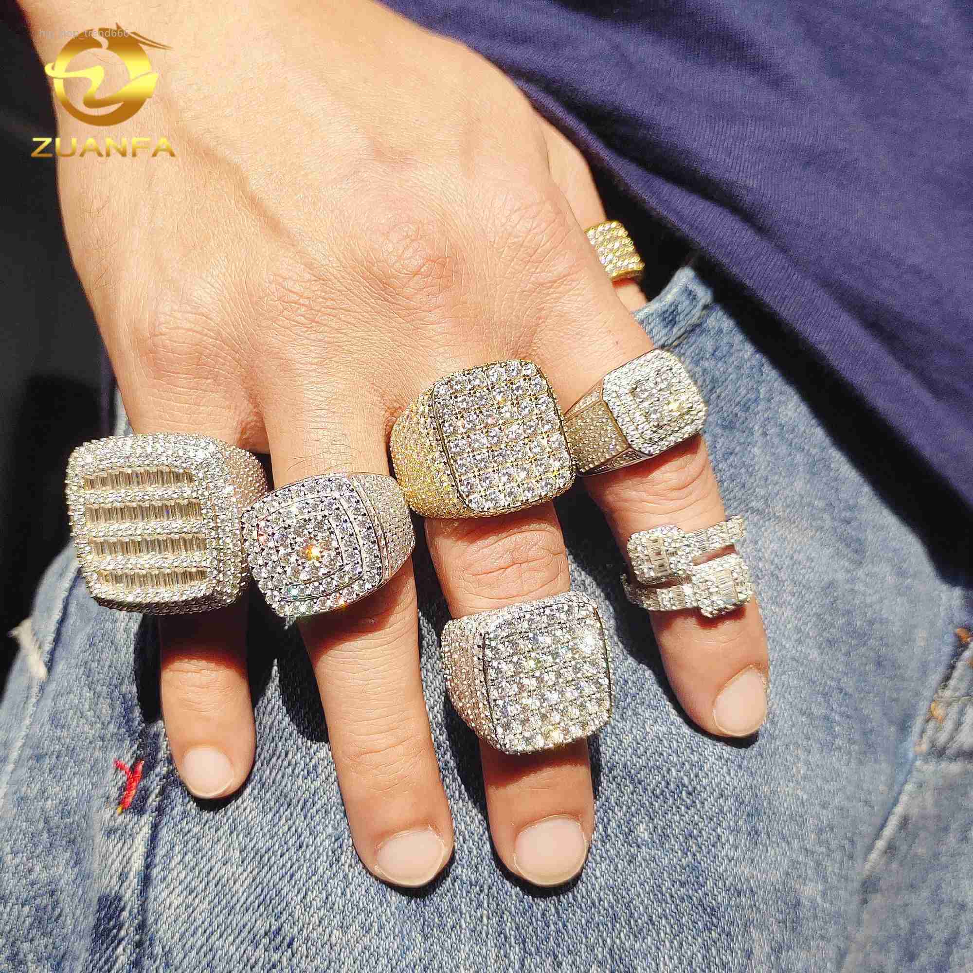 Iced out fashion jewelry men hip hop engagement moissanite rings 925 silver square shape baguette moissanite diamond rings