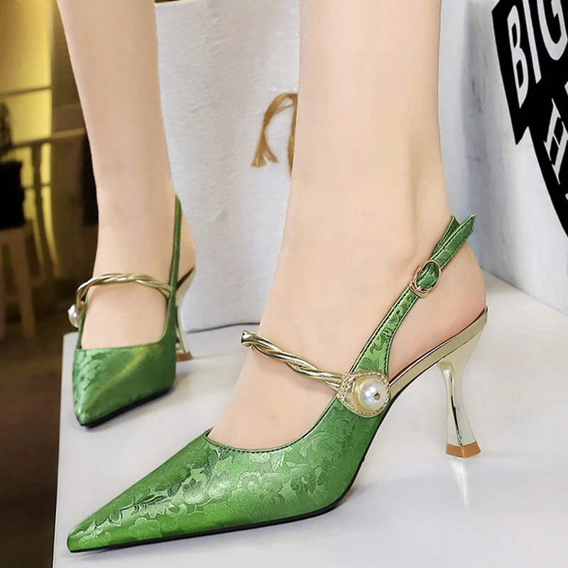 2024 Ethnic Style Women Pumps Silks Satins High Heels Pointed Hollow Women Sandals Metal Heel Kitten Heels Sexy Party Shoes 241031