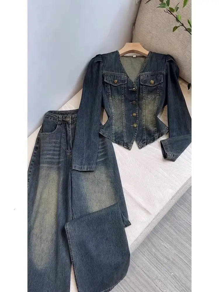 V-neck denim jacket wide leg jeans Trouser 2-piece set womens Y2k set retro autumn jacket loose pants 241030