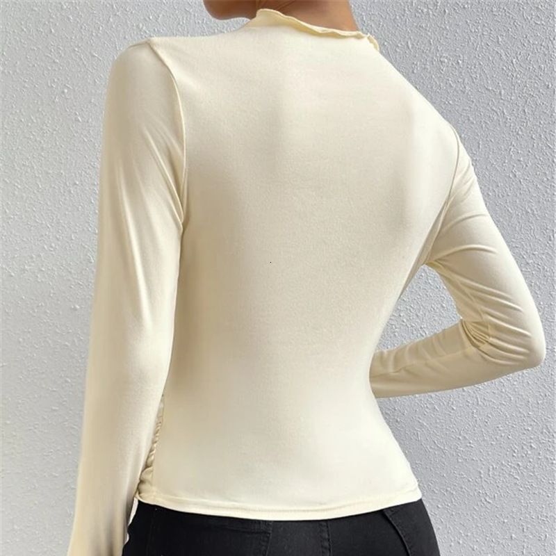 2024 Solid color slim fit bottom sweater with versatile pleated design, long sleeved T-shirt, women's top
