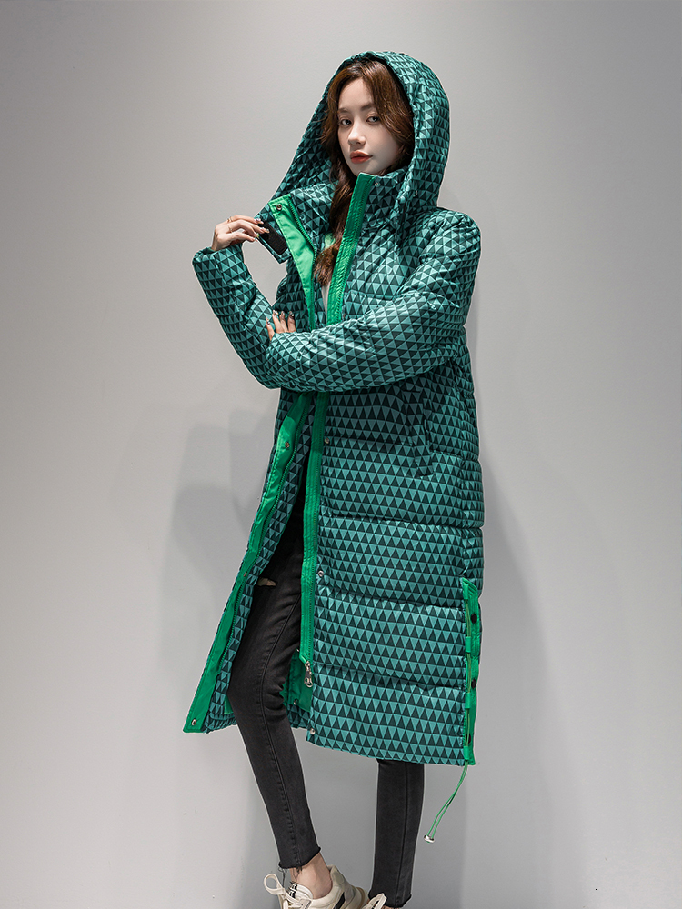 2023 Winter Plaid Long Coat Women ' S Fashion Thicken Hooded Puffer Jacket Female Windproof Warm Outwear