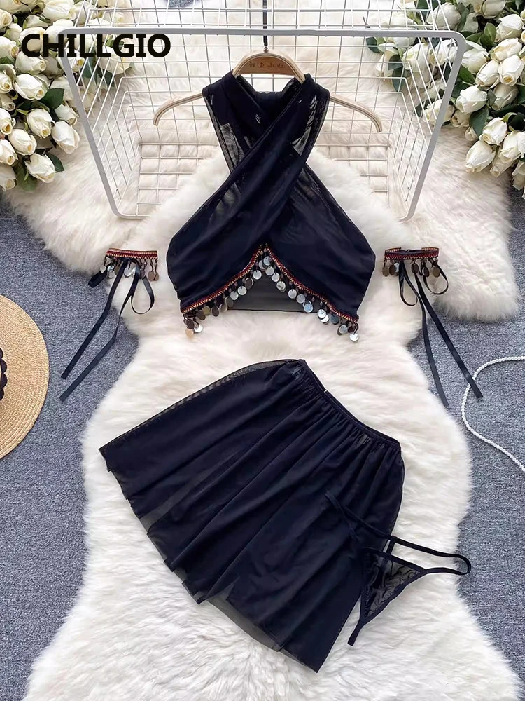 CHILLGIO Women Sexy Vintage Exotic Mesh Pajamas Suits Nightwear Fashion 4 Pieces Transparent Glitter Sequined Tops Skirts Sets 241031