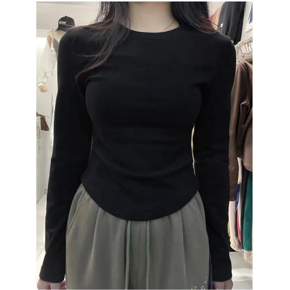 Fleece Autumn Slim Tshirt Women Black Winter Skinny Tee Shirt Woman Sexy Kpop Y2K Crop Tops Long Sleeve Clothes 241031