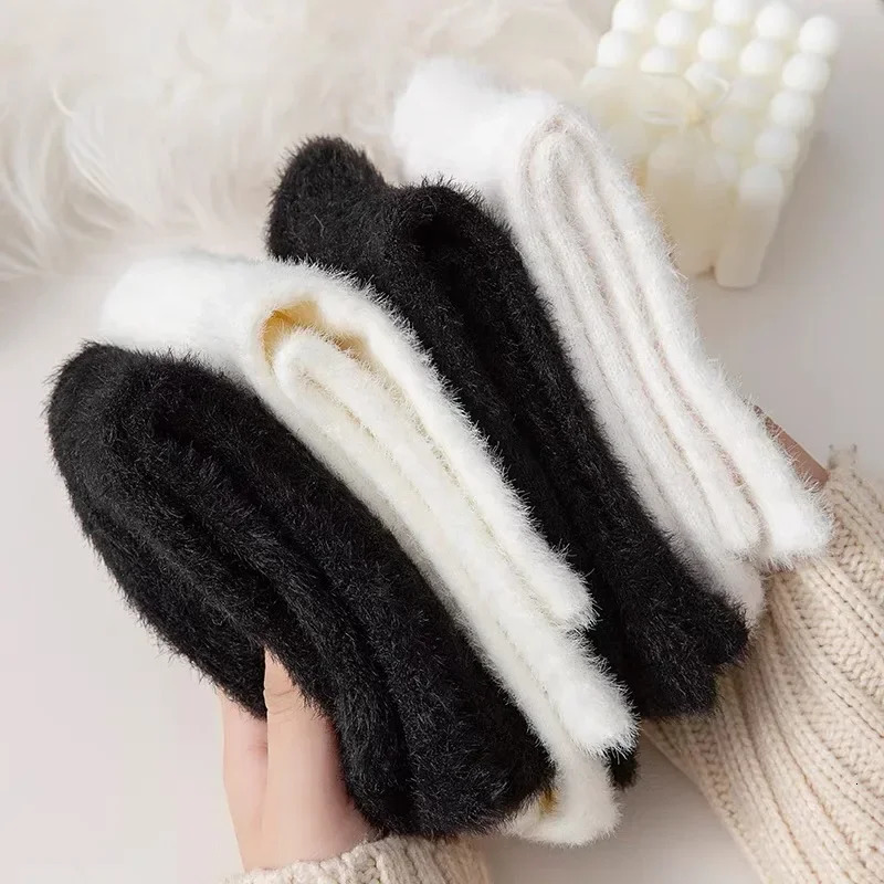 Autumn Winter Kawaii Mink Velvet White Black Super Soft Home Socks Highly Elastic Thicken Plush Thermal High Quality Sleep Sock 241031