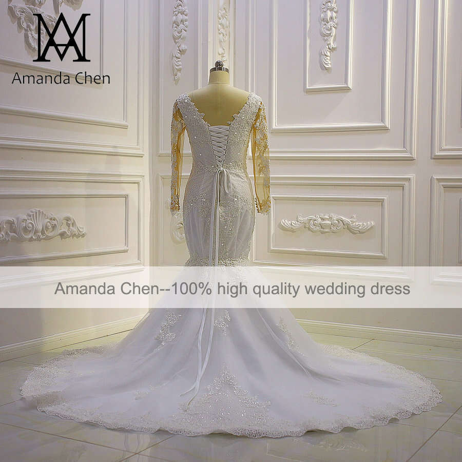 Long Sleeve Lace Appliques Detachable Skirt Wedding Dress