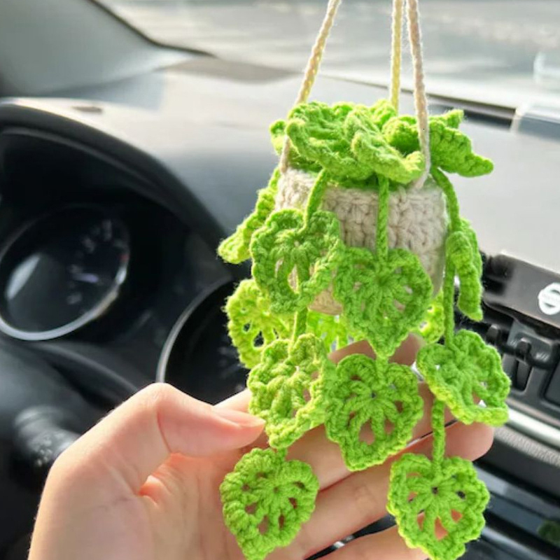 New 1Pcs Mirror Hanging Accessories Handmade Knitted Woven Finished Crochet Potted Plant Rear View Decor Car Interior Ornaments