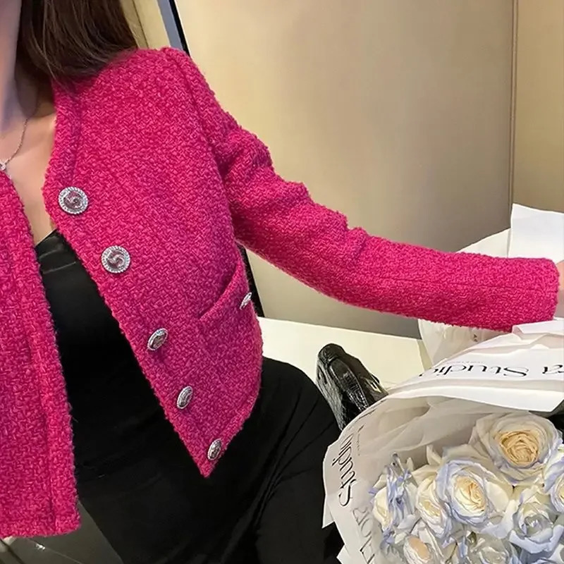 KUSAHIKI Tweed Autumn Single Breasted Weave Fashion Short Coat Women Elegant Jacket O-neck Long Sleeve Cardigan Tops 241031