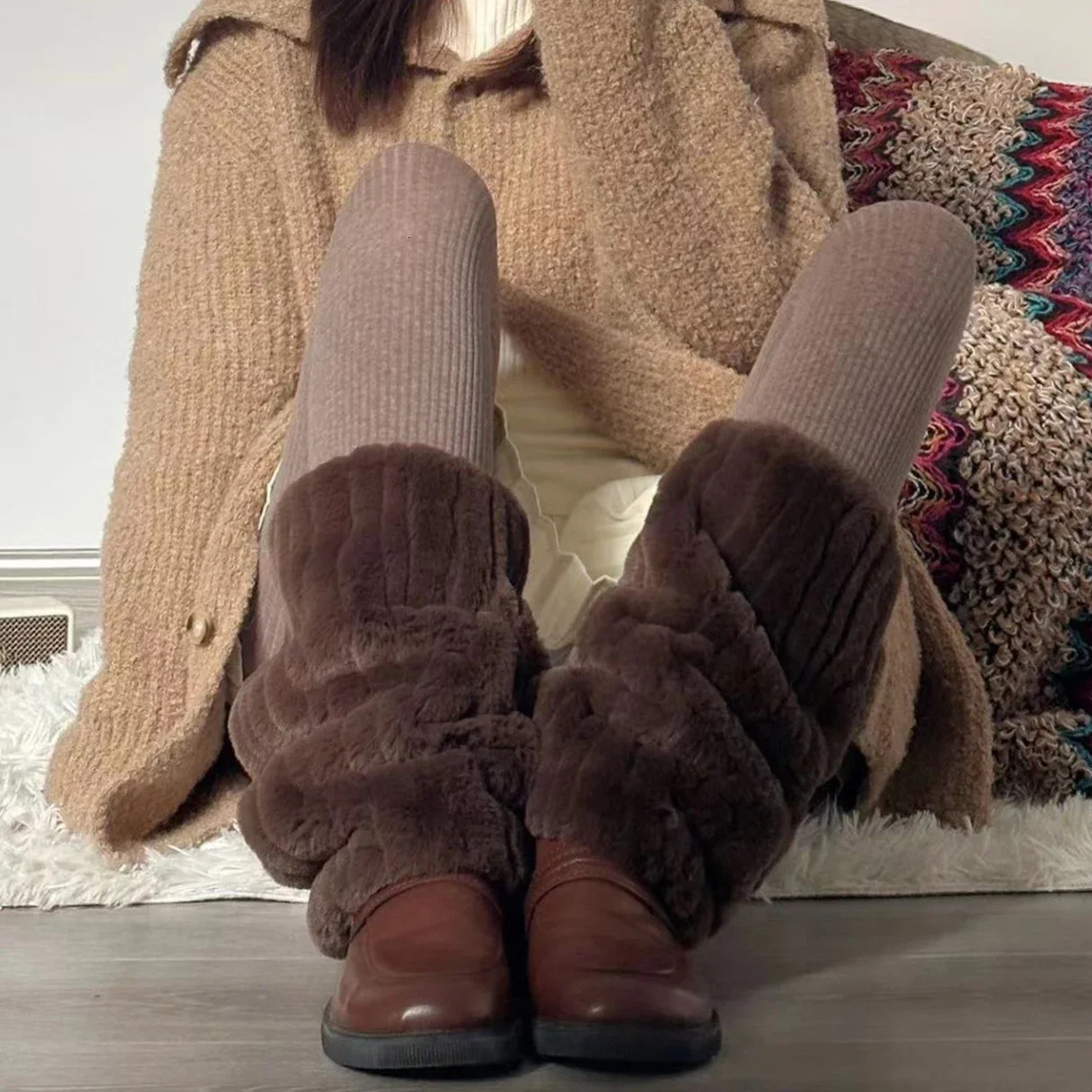 Solid Leg Warmers Mink Fur Boots Subculture Thickened Plush Leg Warmer Japanese Harajuku Fashion Boots Cover Lolita Party Socks 241031