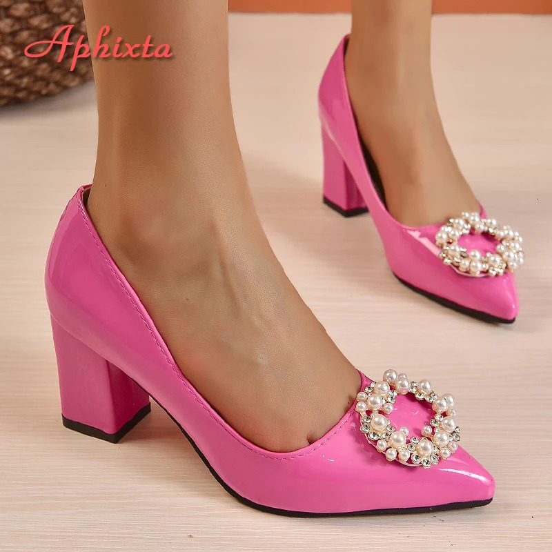 Aphixta 7cm Square Heel Baby Pink Pearl Crystals Buckle Patent Leather Women Pumps Officile Pointed Toe Shoes Big Size 50 241030