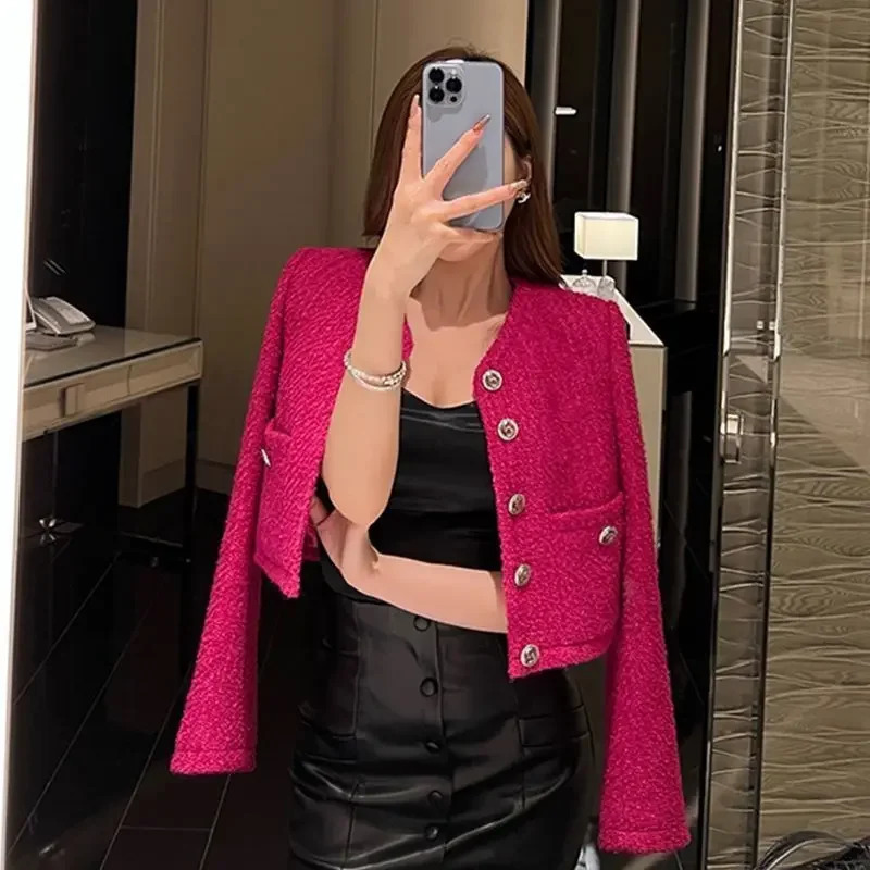 KUSAHIKI Tweed Autumn Single Breasted Weave Fashion Short Coat Women Elegant Jacket O-neck Long Sleeve Cardigan Tops 241031