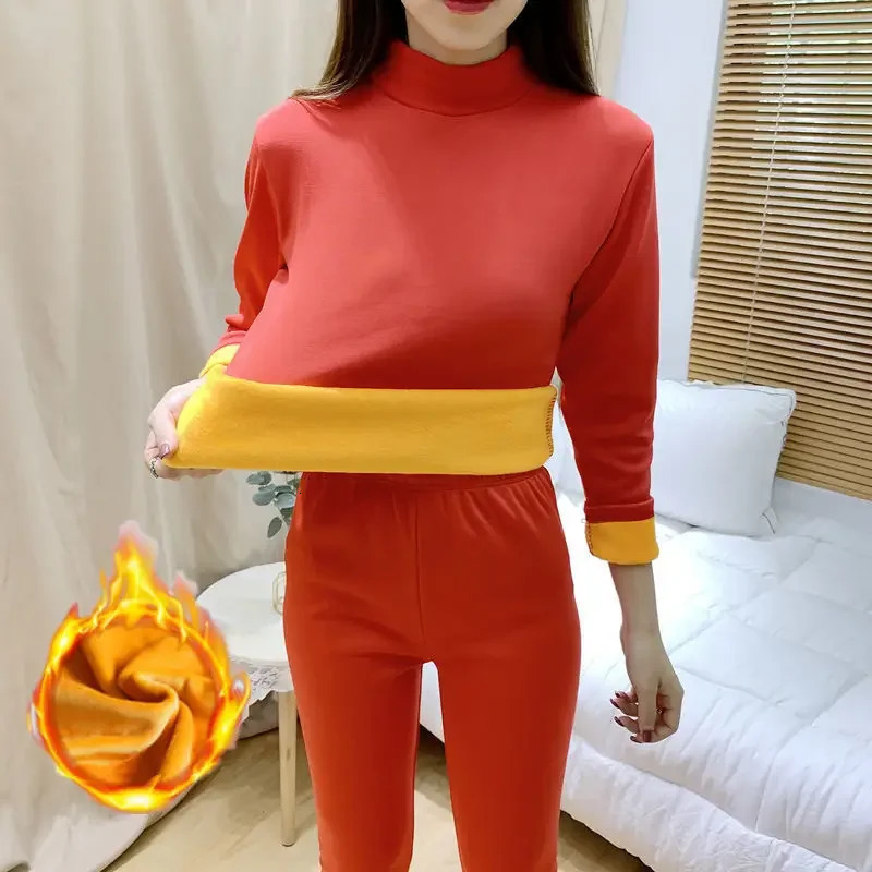Thermal Underwear Suit Womens High-neck Thickened Plus Velvet Winter Inner Wear Suit Semi-high-neck Bottoming Shirttrousers 241031