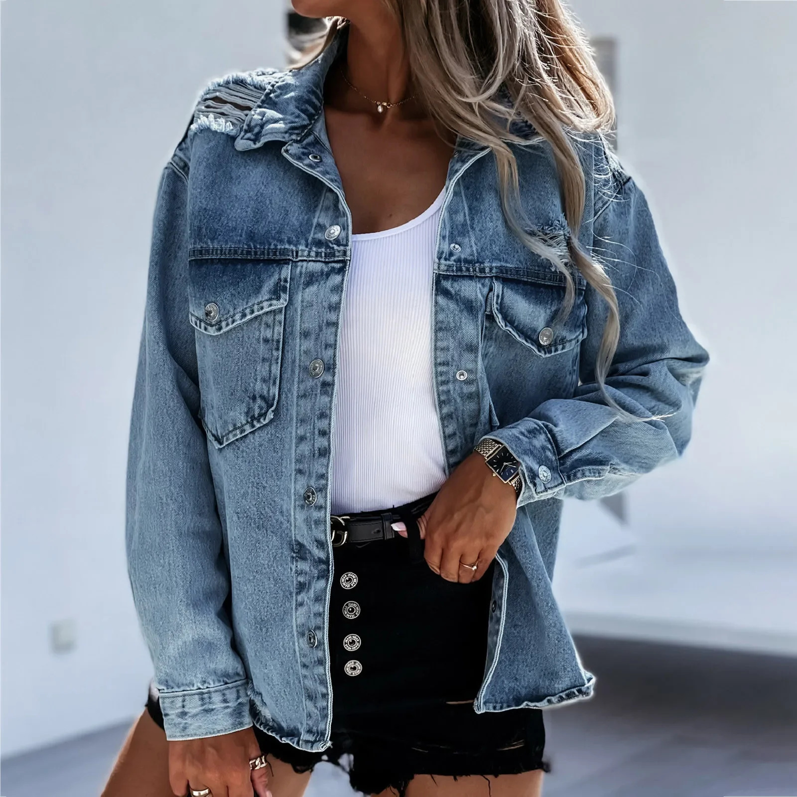 Vintage Womens Denim Jacket 2024 Autumn Washed Holes Ripped Jackets Loose Pocket Jeans Coat Turn-down Collar Outwear Chaquetas 241031
