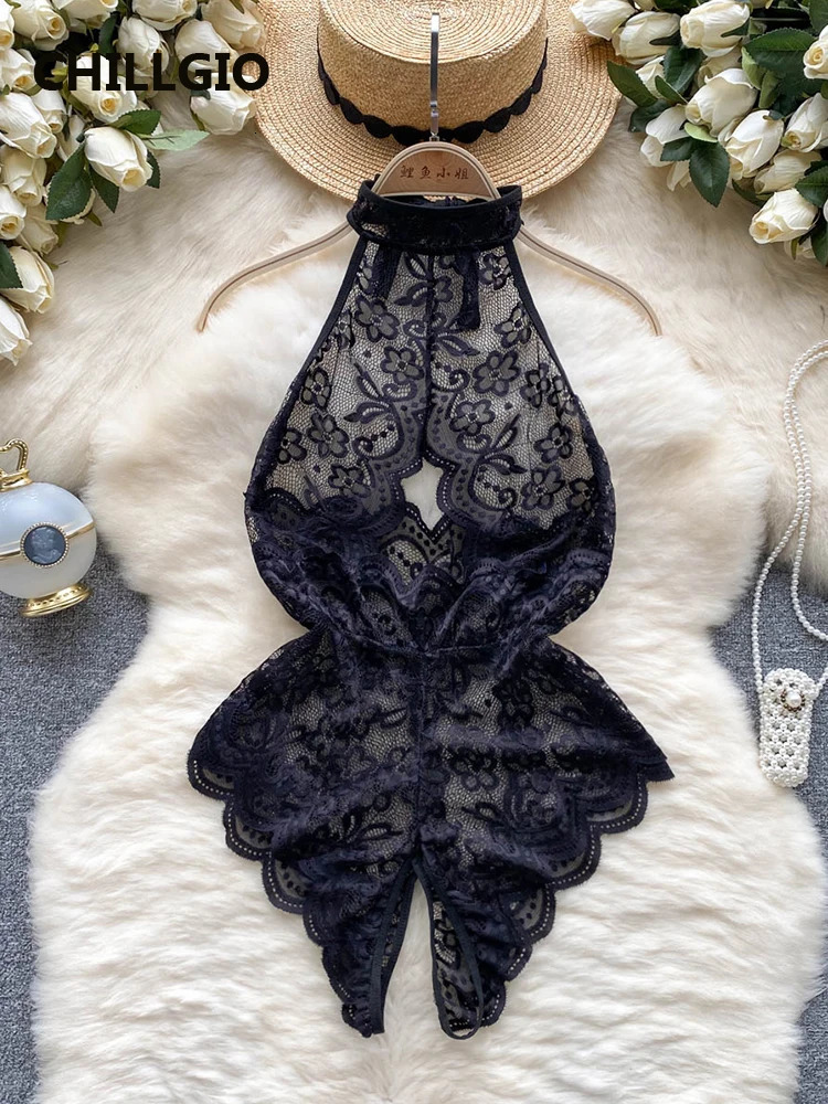 CHILLGIO Women Floral Lace Backless Bodysuits Halter Sexy Erotic Transparent Catsuits Lingerie LinOne Piece Combination Rompers 241031