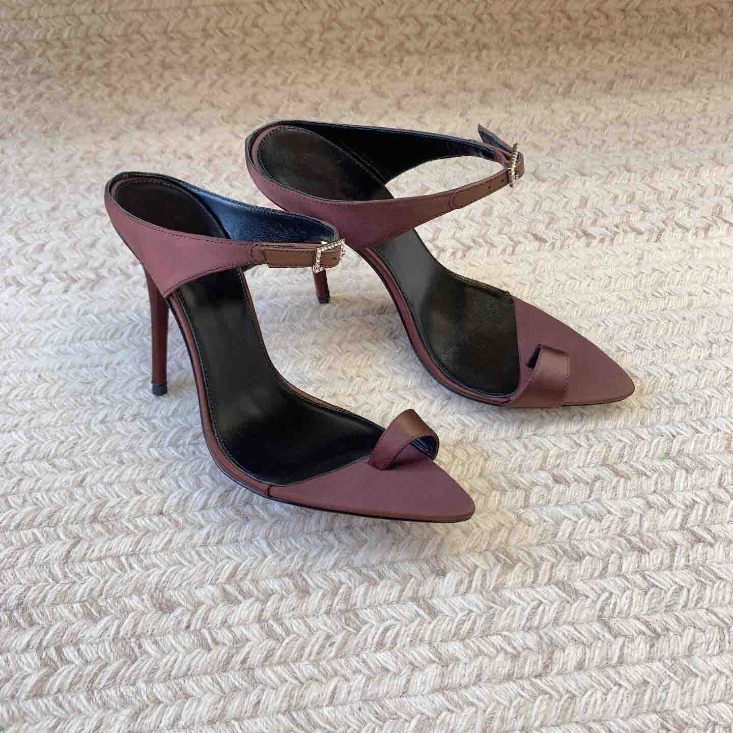 2023 New Mules Pointed Toe Slippers Silk Genuine Leather Rhies Buckle Women Shoes Sexy High Heels Atos De Mujer