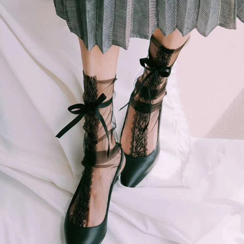 Sexy Lace Socks Womens Transparent Mesh Ultra-Thin Bow Cute Socks for Ladies Fashion Lolita Black White Socks Women 241031