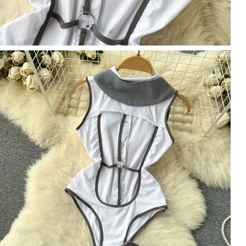 Sweet Bow Preppy Uniform Suits Button Backless Sleeveless BodysuitsPleated Skirt Lingerie Women Sexy JK Erotic Rompers Sets 241031
