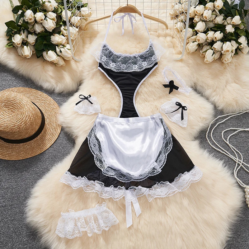 Sexy Lingerie Lace-up Top Cosplay Maid Uniform Bodysuit Set Mini Skirt Patchwork Lace Edge Backless Jumsuit Hollow Women Suits 241031