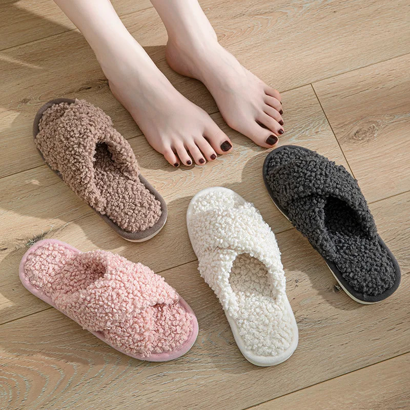 Fashion Cross Strap Fuzzy Slippers Women Indoor House Non Slip Warm Plush Woman Slippers Winter Comfort Soft Sole Cotton Slides 241031