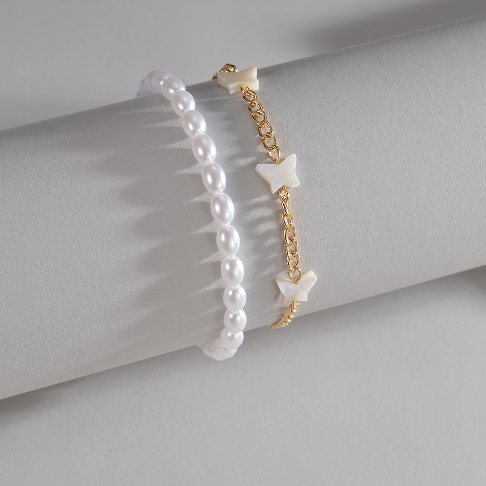 Women's Dainty Two-Tiered Butterfly and Pearl Foot Chain Accessory