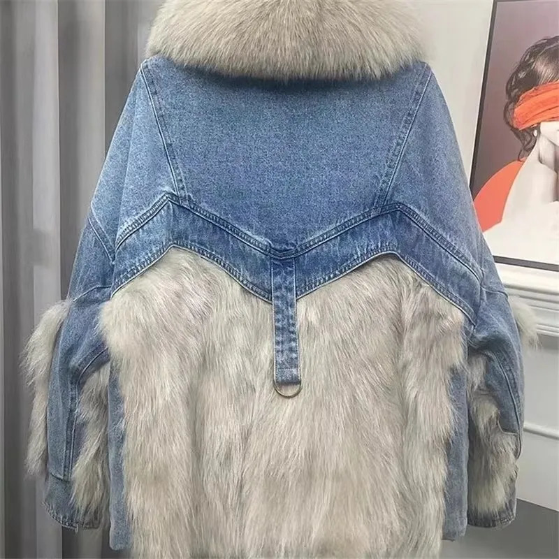 Large fur collar Denim jacket women fur Parkas 2024 winter fashion splicing coat Racoon hair short outerwear 3343 241031
