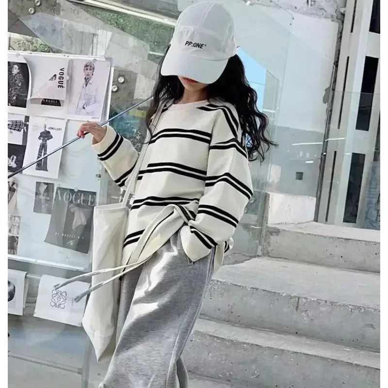 Korea Style Simple Kids Clothes Girl 2Pcs Set Clothing Long Sleeve StripedLoose Pant Outfits for Teen 6 8 10 12 14Y 241030