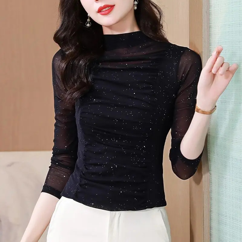 Simplicity Autumn Winter Womens Mock Neck Solid Bright Silk Pleated Korean Fashion Long Sleeve Loose Pullovers TShirts Tops 241031