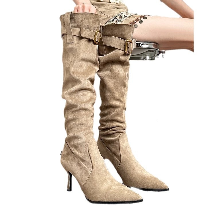 2024 autumn and winter new fashionable and versatile, slimming pile boots, pointed thin heels, high heels, high-heeled boots for women