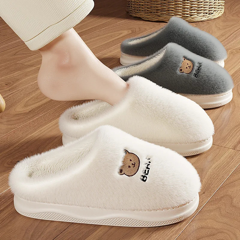 Couple winter family slider womens shoes cute cartoon bear fur leather shoes mens warm plush slider 241031