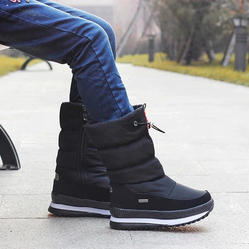 White Women Winter Shoes Warm Plush Mid-calf Waterproof Rubber Non-slip Platform Snow Boots Female Plus Size 42