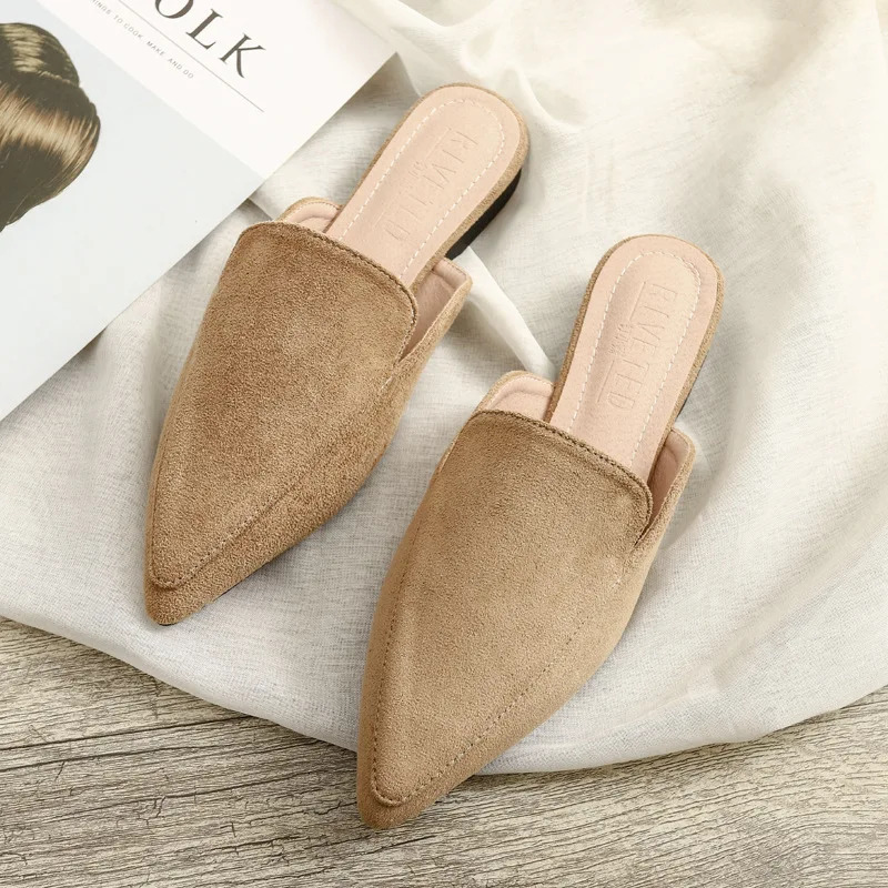 Fashion Baotou Flat Pointed Half Slippers Womens Suede Black Mules Large Sizes 42 Female Breathable Shoes 241031
