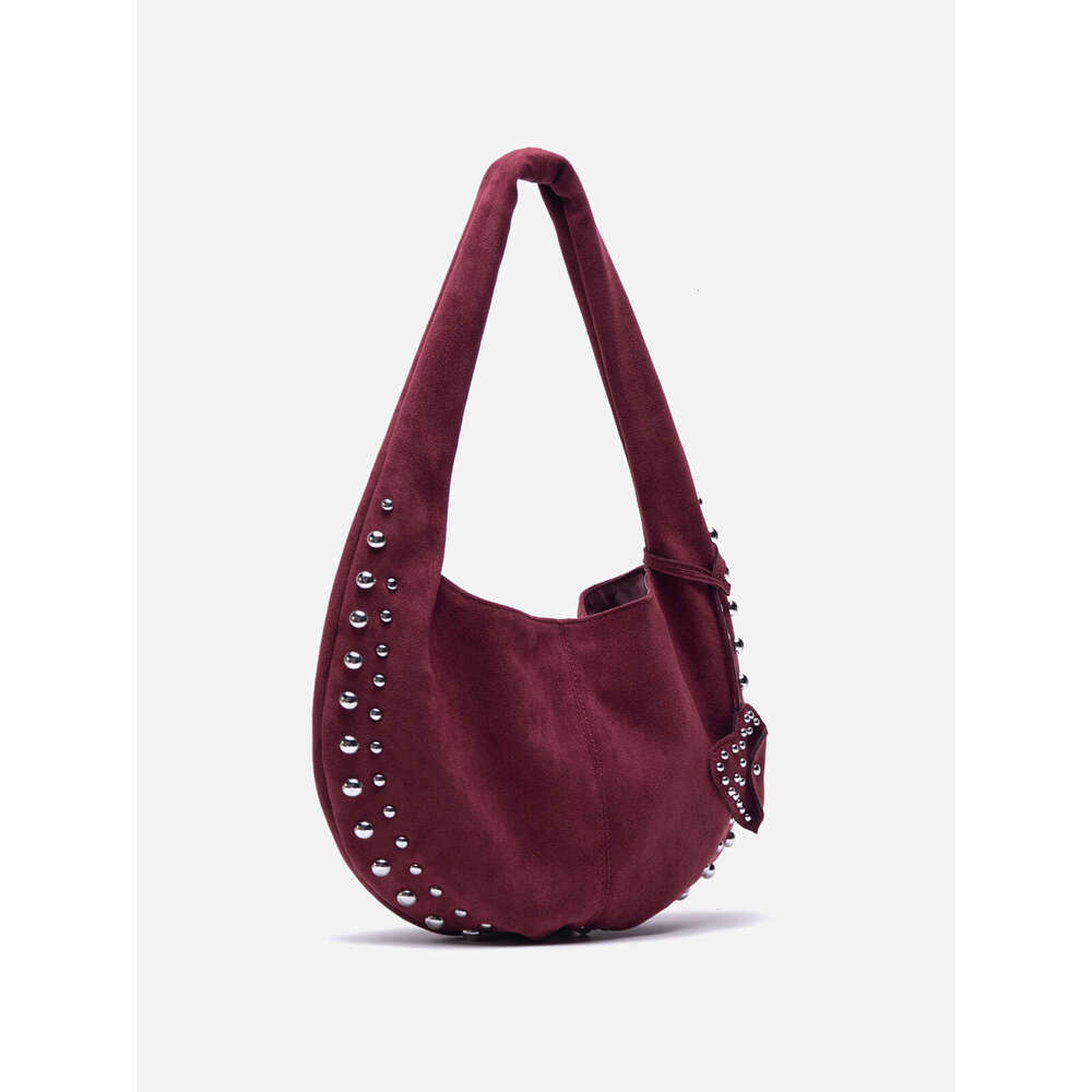 24Ss Women's Shoulder European And American Style Rivet Handbag Suede Retro Motorcycle Soft Armpit Bag