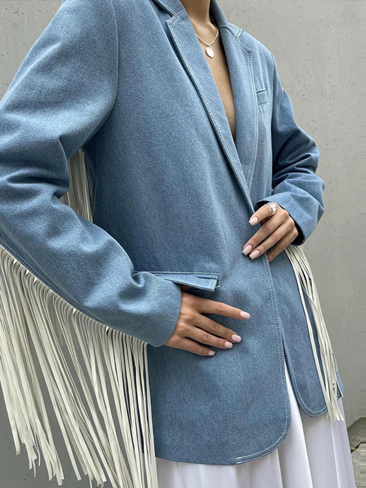 Tassel Denim Suits Jacket Flip Collar Single Button Commute Elegant Loose Casual Vintage Street Fringe Suit Top Women 241031