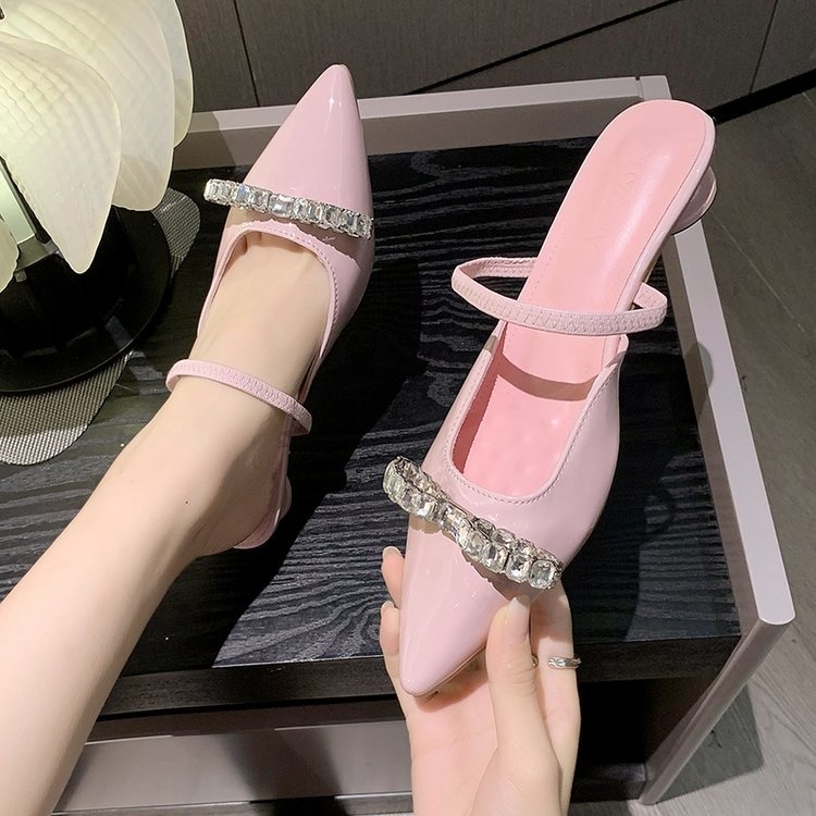 2024 summer new patent leather pink half toe sandals for women wearing pointed shoes on the outside with box