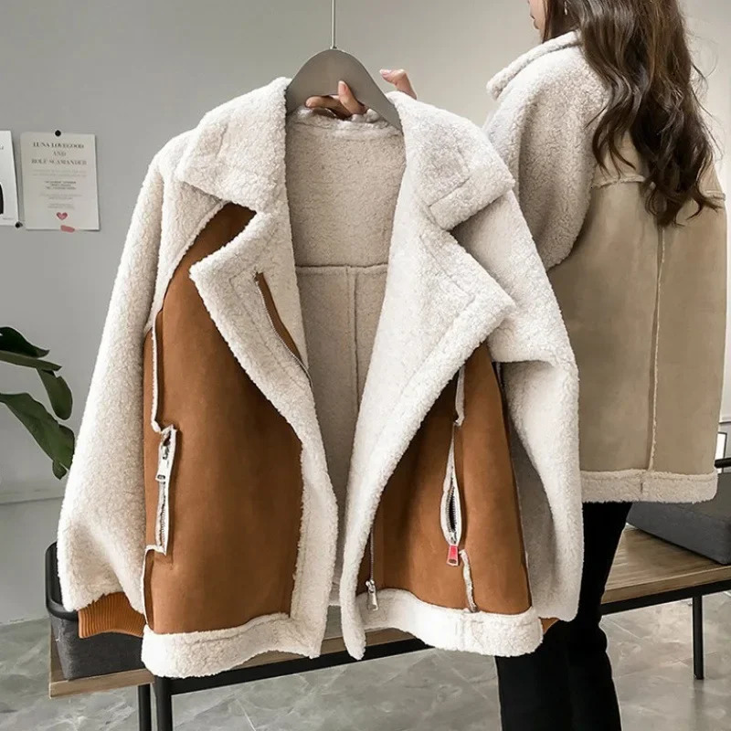 Versatile Tweed Style Jacket 2024 Womens Loose Fit Integrated Chamois Leather Fleece Cropped Sheep Fleece Motorcycle Jacket 241031