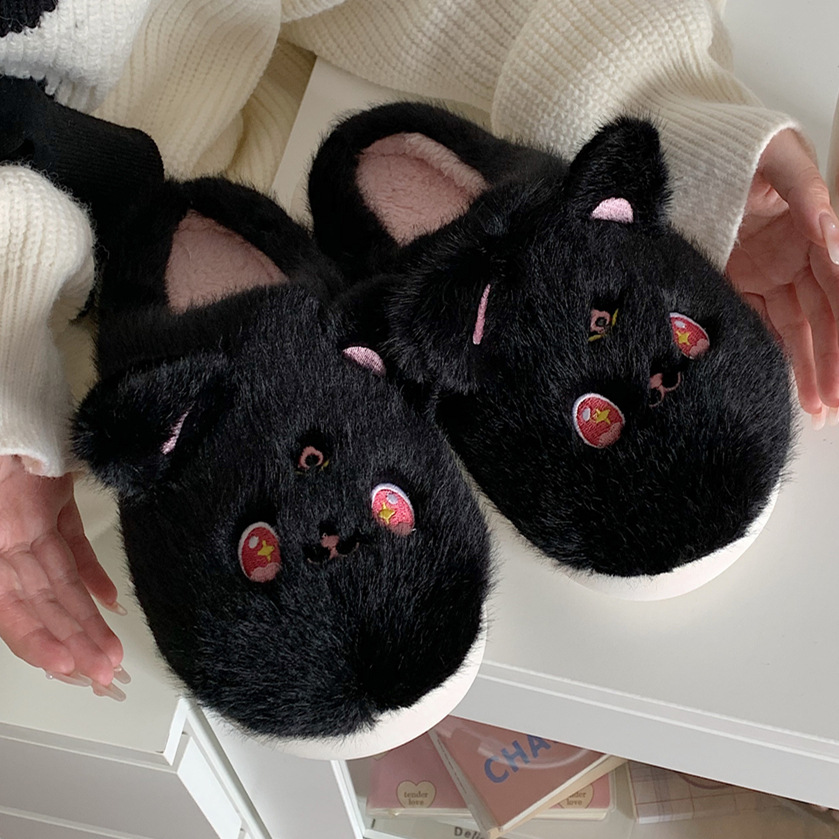 Slipper Little Black Cat slipper for women girls Fashion Kawaii Fluffy warm winter women cartoon cute little black cat shoes