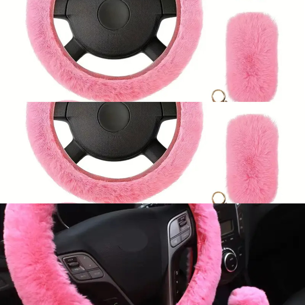 New Pink Car Plush Steering Wheel Set 6Pcs Gear Handbrake Cover Coaster Key Ring