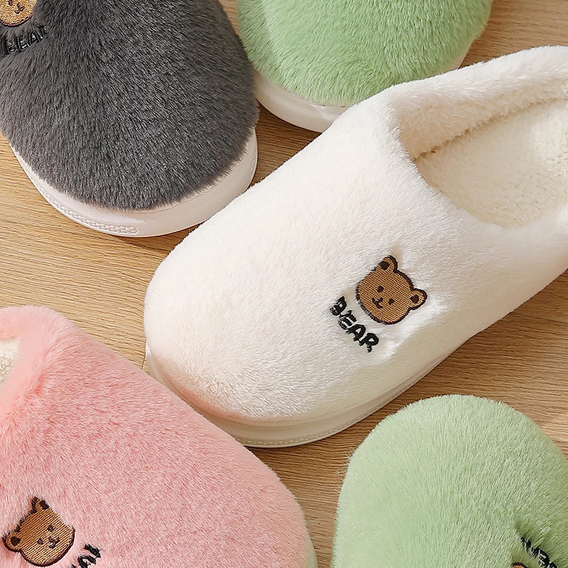 Couple winter family slider womens shoes cute cartoon bear fur leather shoes mens warm plush slider 241031