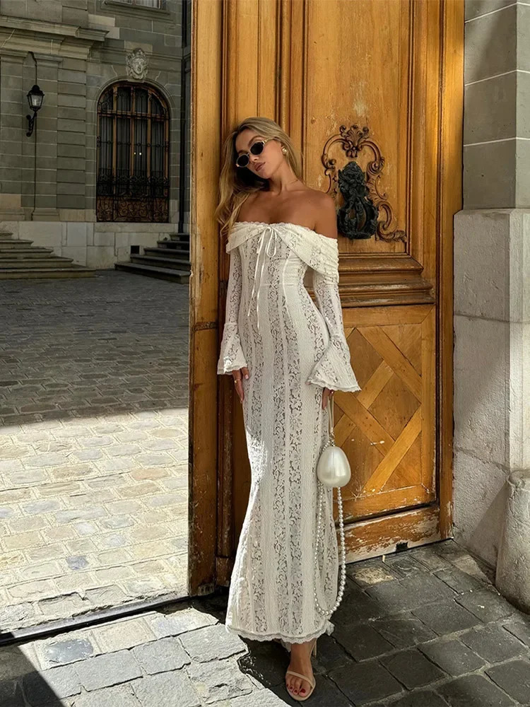 Elegant One Shoulder Lace Up Hollow Womens Dress Slim Fit See-through Long Sleeved Backless Robe 2024 Summer Lady Evening Gowns 241031